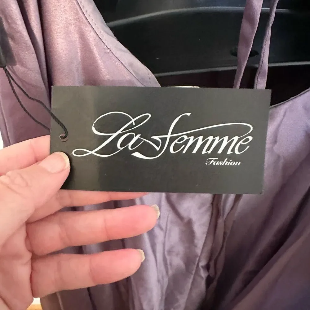 La Femme Lavender/Gray Spaghetti Strap V Neck Dress Size 4 NWT - Picture 6 of 14